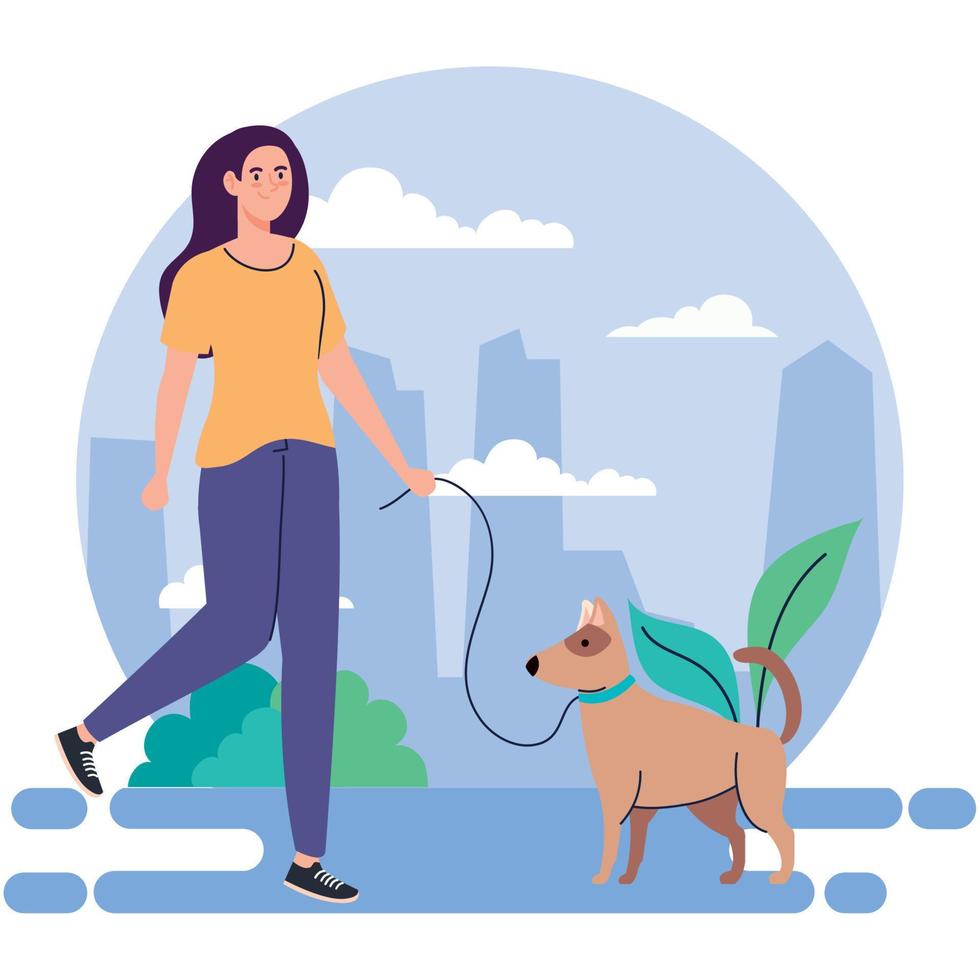 woman with dog performing leisure outdoor activities, young woman on a walk with a dog vector