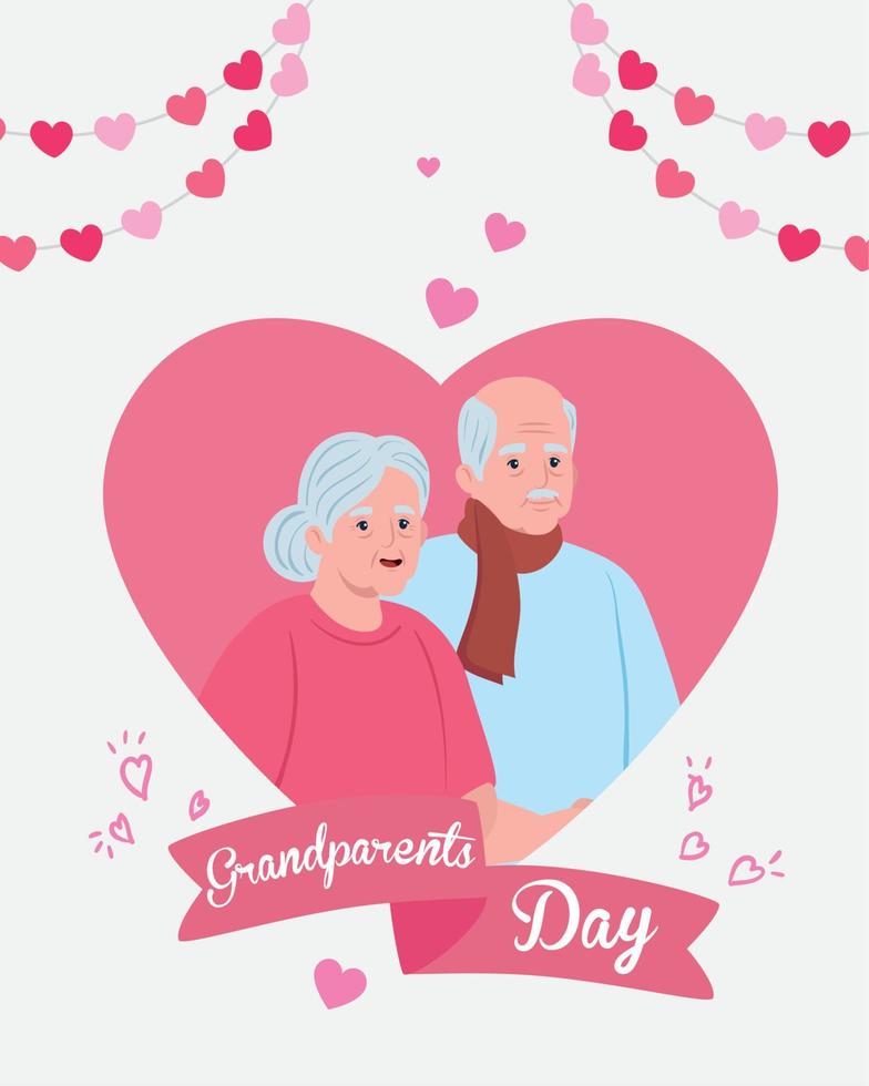 feliz día de los abuelos con linda pareja mayor y decoración de corazones vector