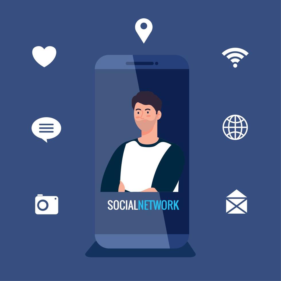social network, young man in smartphone with social media icons vector
