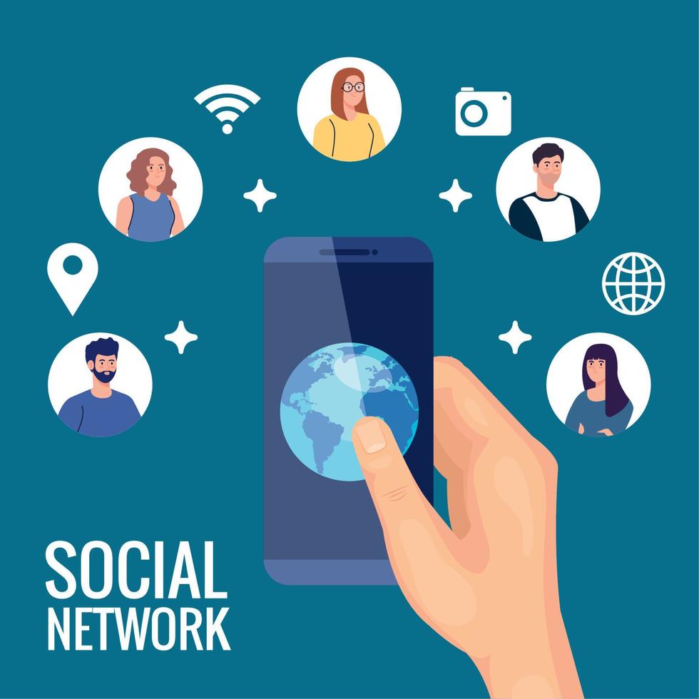 social network, people connected by smartphone, communicate and global concept vector