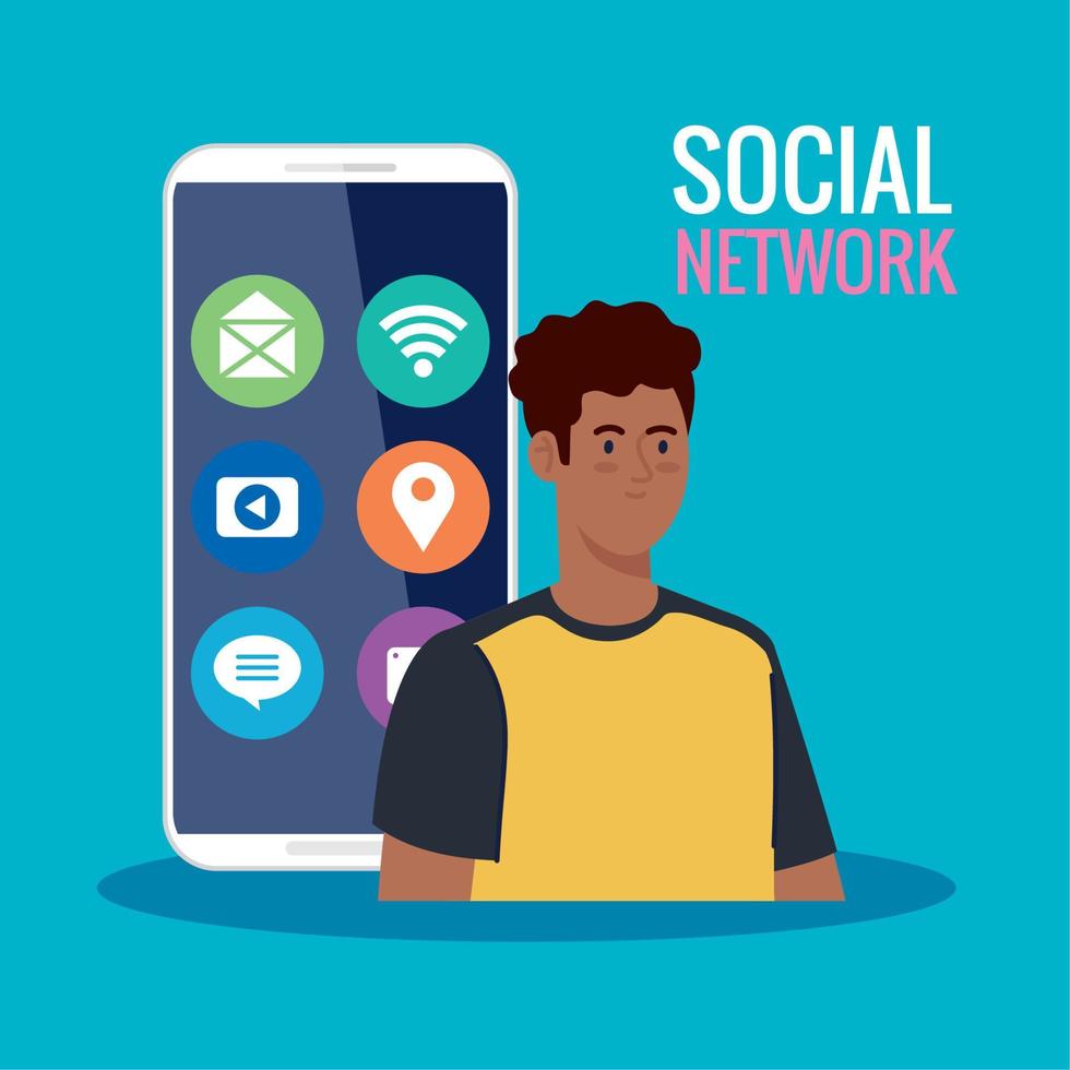 red social, joven en smartphone con íconos de redes sociales vector