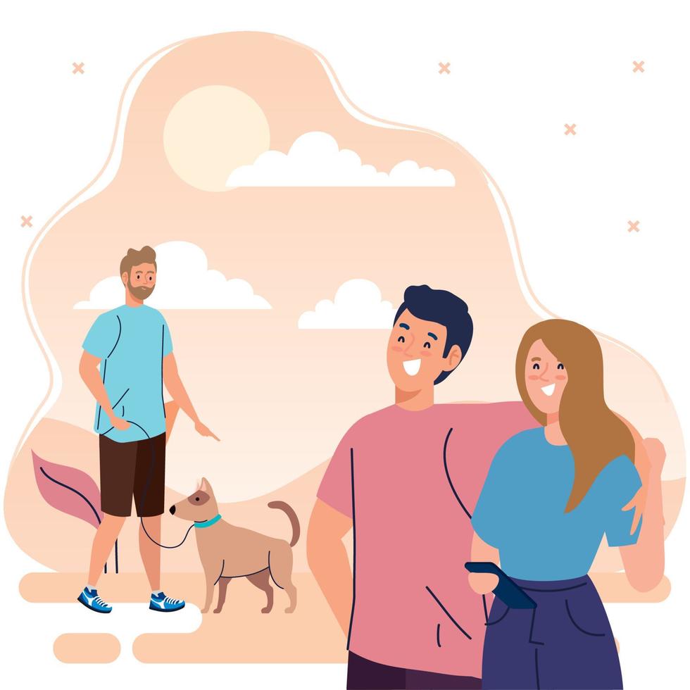 young people performing outdoor activities, young man on a walk with a dog and couple using smartphone vector