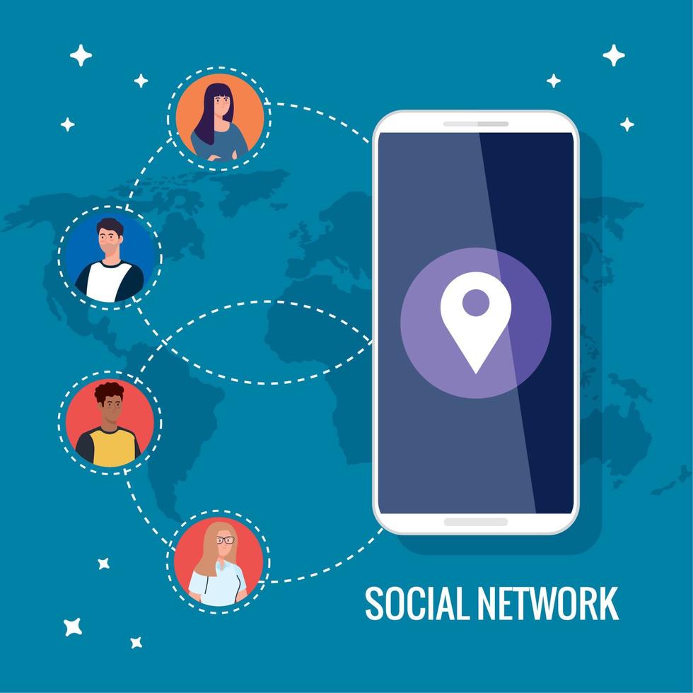 social network, smartphone and people connected for digital, interactive, communication and global concept vector