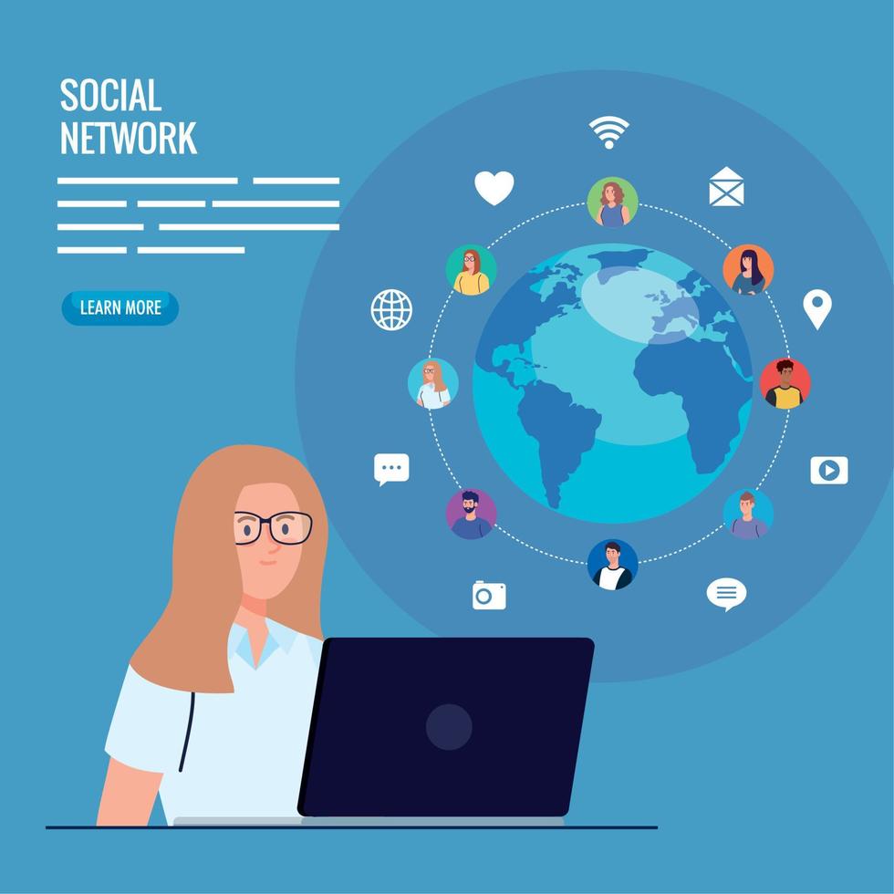 poster of social network, woman connected in laptop, communication and global concept vector