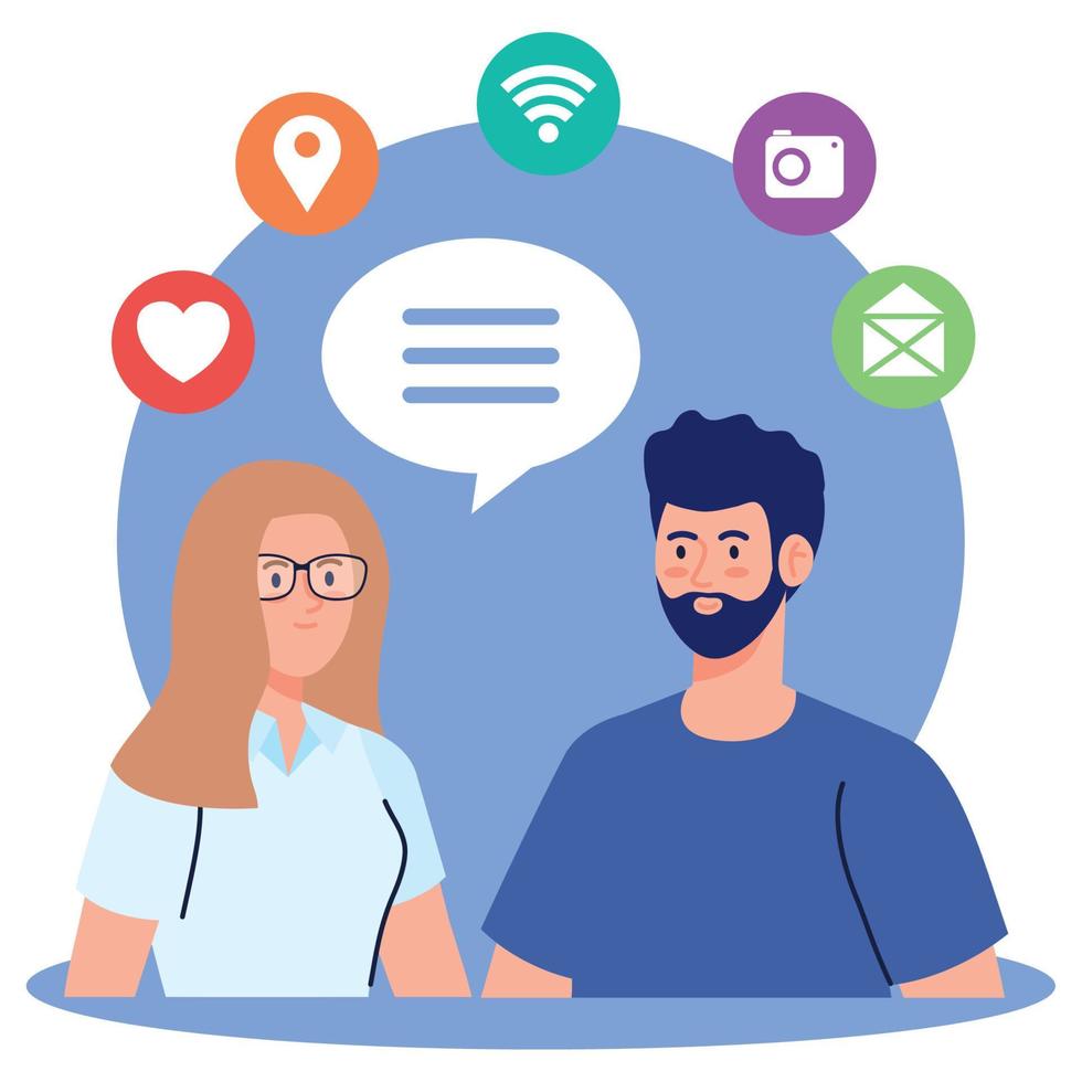 social network, young couple and social media icons, global communication concept vector