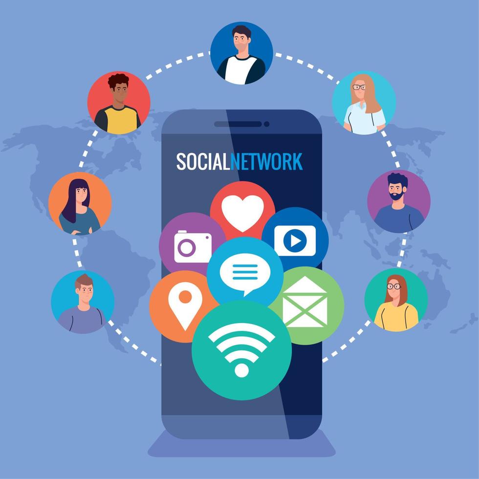 red social, teléfono inteligente y personas conectadas para el concepto digital, interactivo, de comunicación y global vector