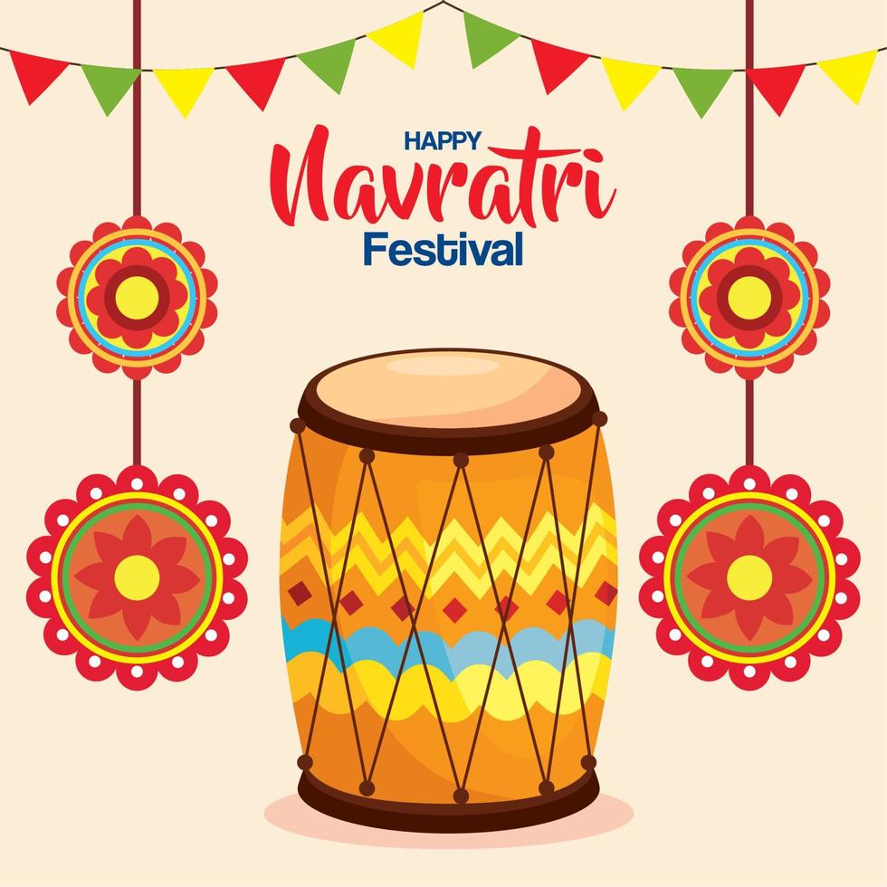 happy navratri celebration poster with dhol vector