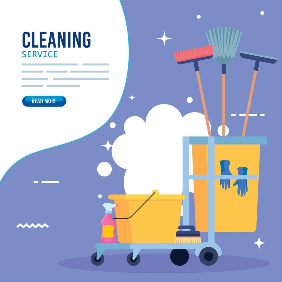 cleaning service banner, cleaning trolley with equipment icons vector