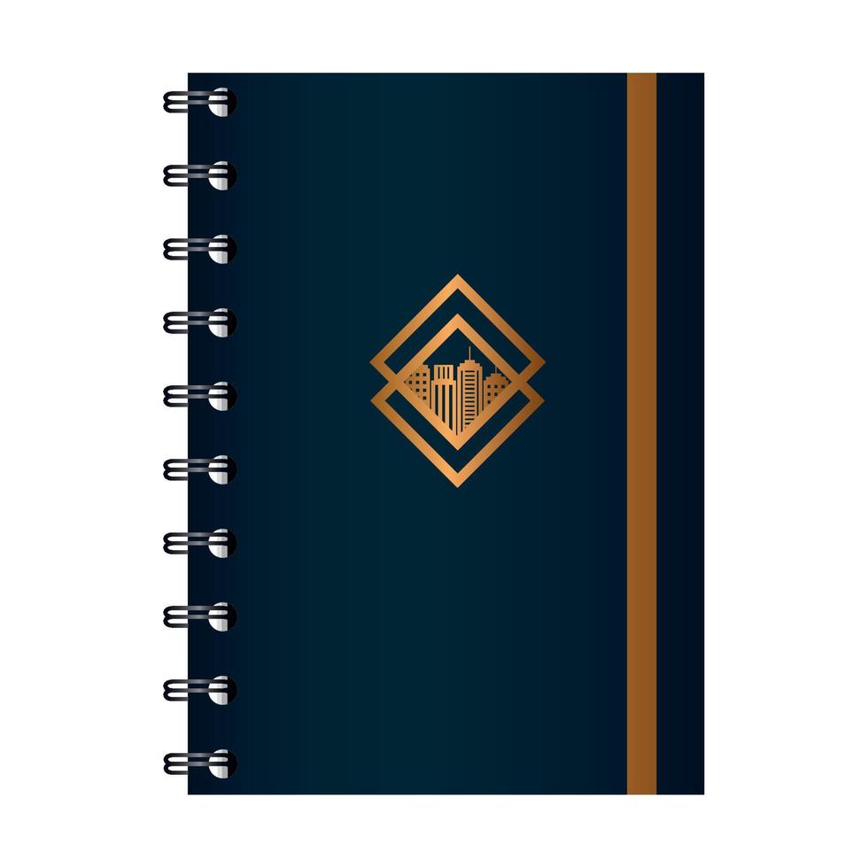 maqueta de cuaderno negro con signo dorado, identidad corporativa vector