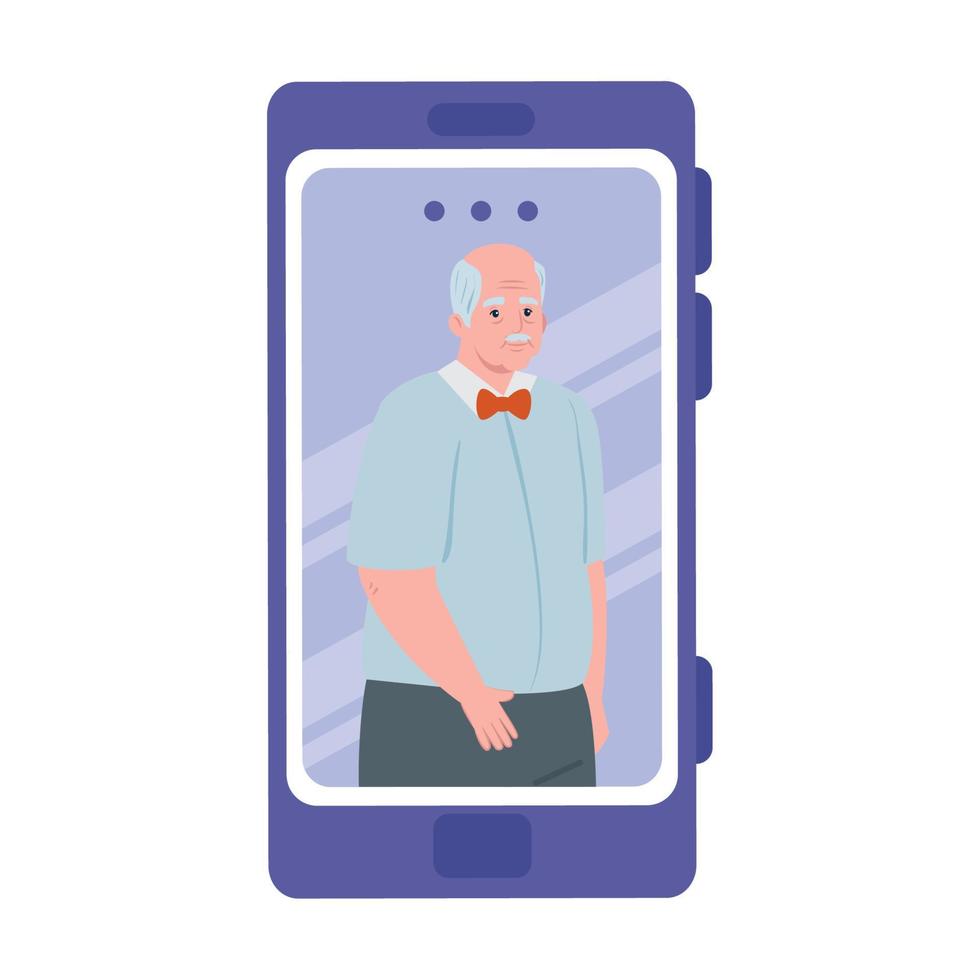 smartphone video call, old man in conference video call online vector