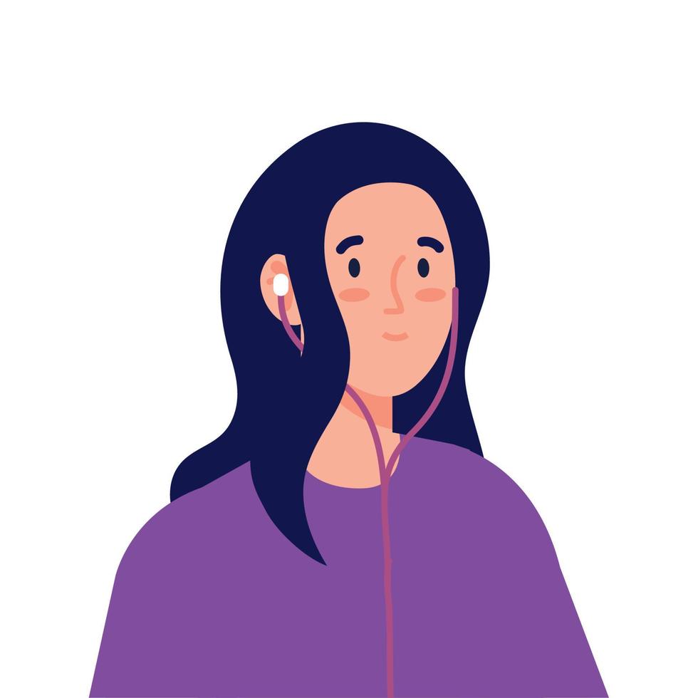 Mujer joven con auriculares sobre fondo blanco. vector