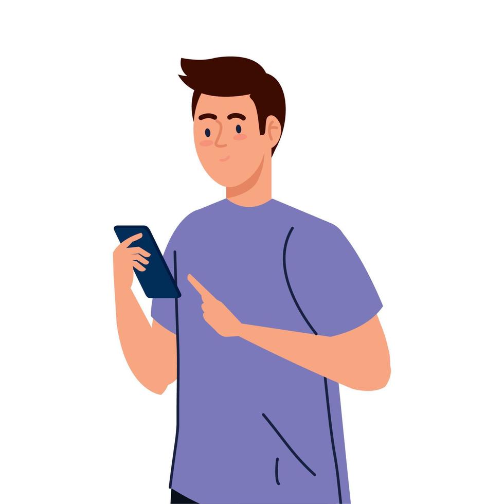 young man using smartphone device on white background vector