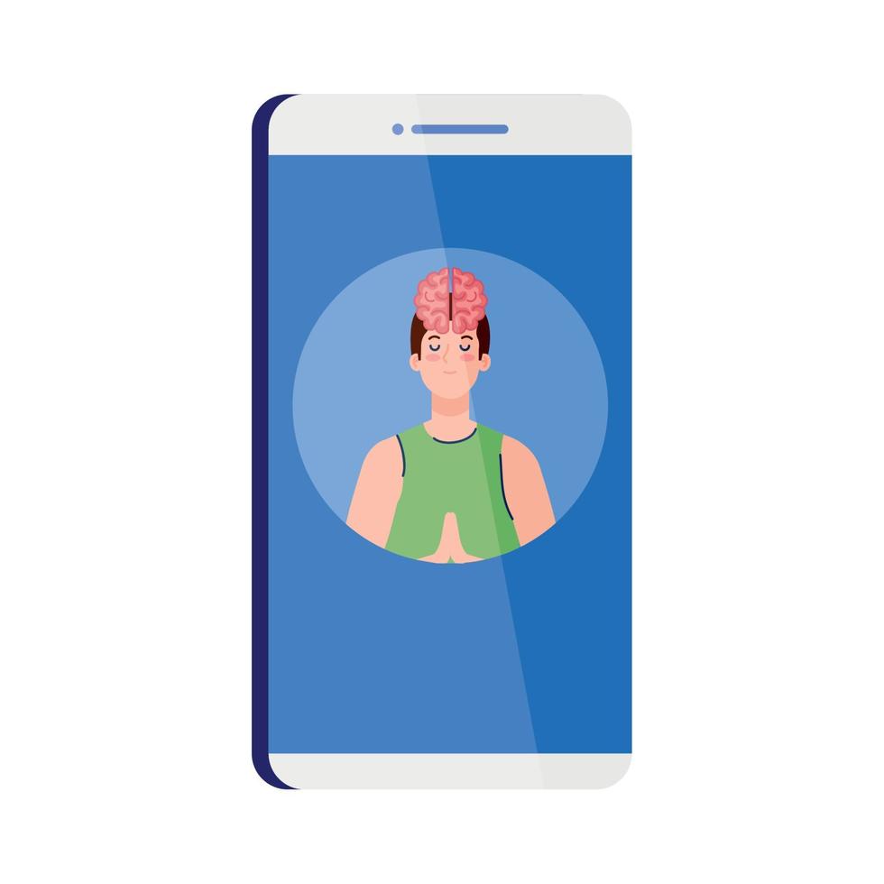 mental health assistance online in smartphone, meditating man with brain icon, on white background vector
