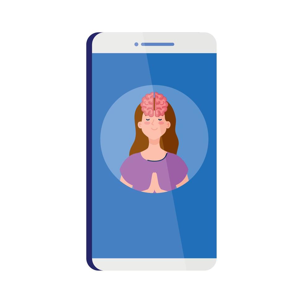 mental health assistance online in smartphone, meditating woman with brain icon, on white background vector
