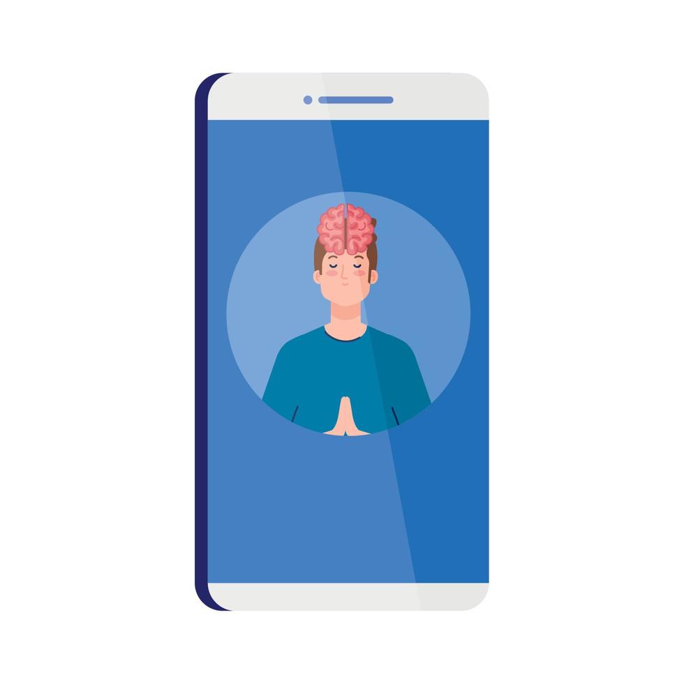 mental health assistance online in smartphone, meditating man with brain icon, on white background vector