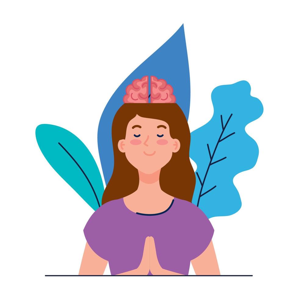 Mujer meditando con icono de cerebro, sobre fondo blanco. vector