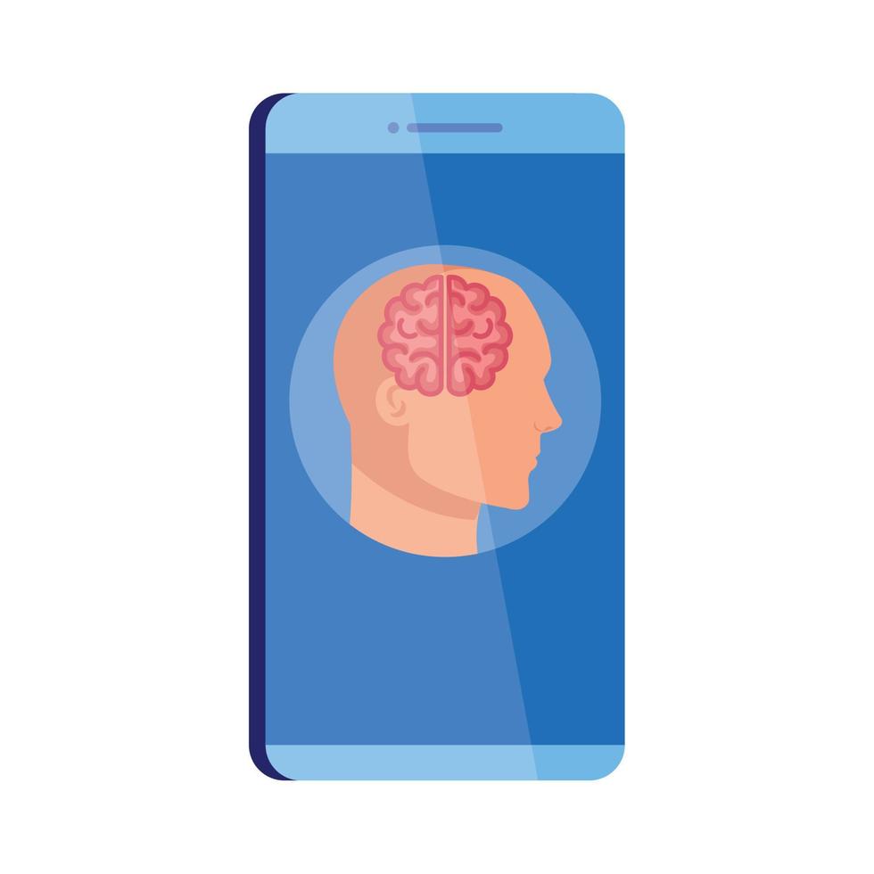 asistencia de salud mental en línea en smartphone, silueta de perfil humano con cerebro, sobre fondo blanco vector