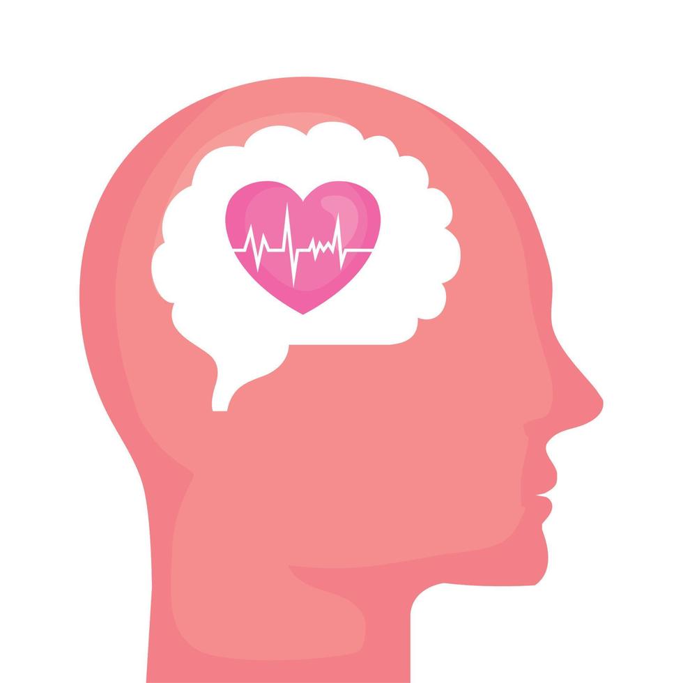 perfil con corazón cardio salud mental, sobre fondo blanco vector