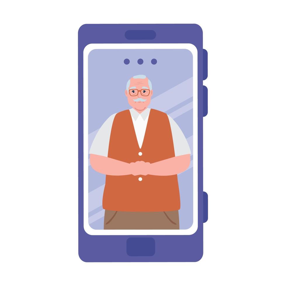 smartphone video call, old man in conference video call online vector