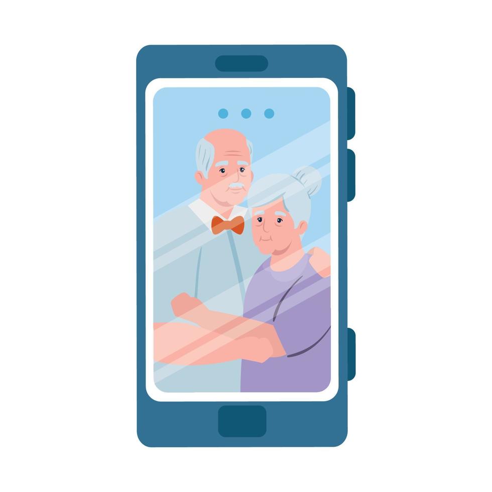 Videollamada de teléfono inteligente, pareja de ancianos en conferencia de video llamada en línea vector