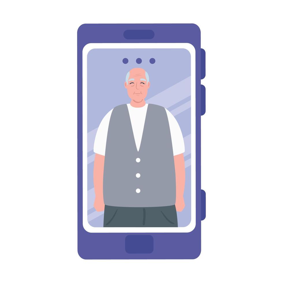 smartphone video call, old man in conference video call online vector