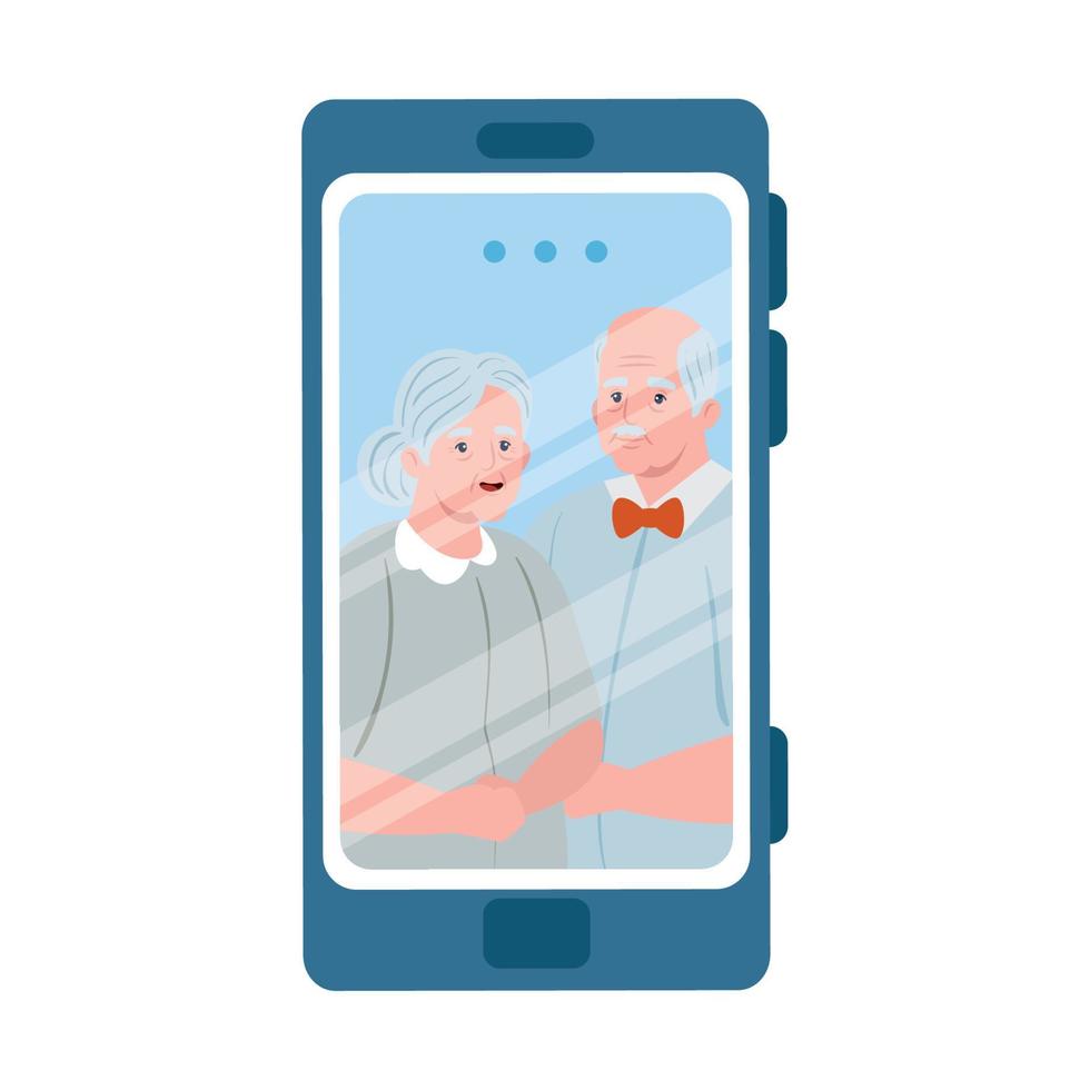Videollamada de teléfono inteligente, pareja de ancianos en conferencia de video llamada en línea vector