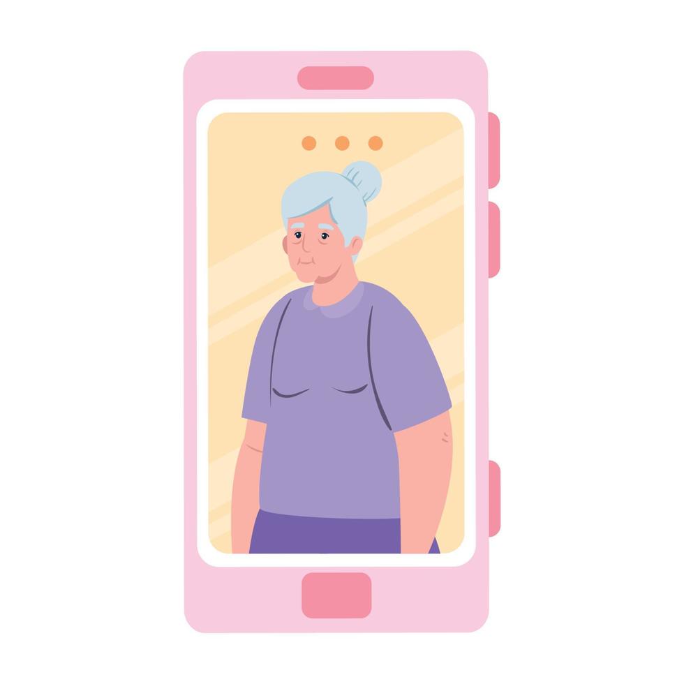 smartphone video call, old woman in conference video call online vector