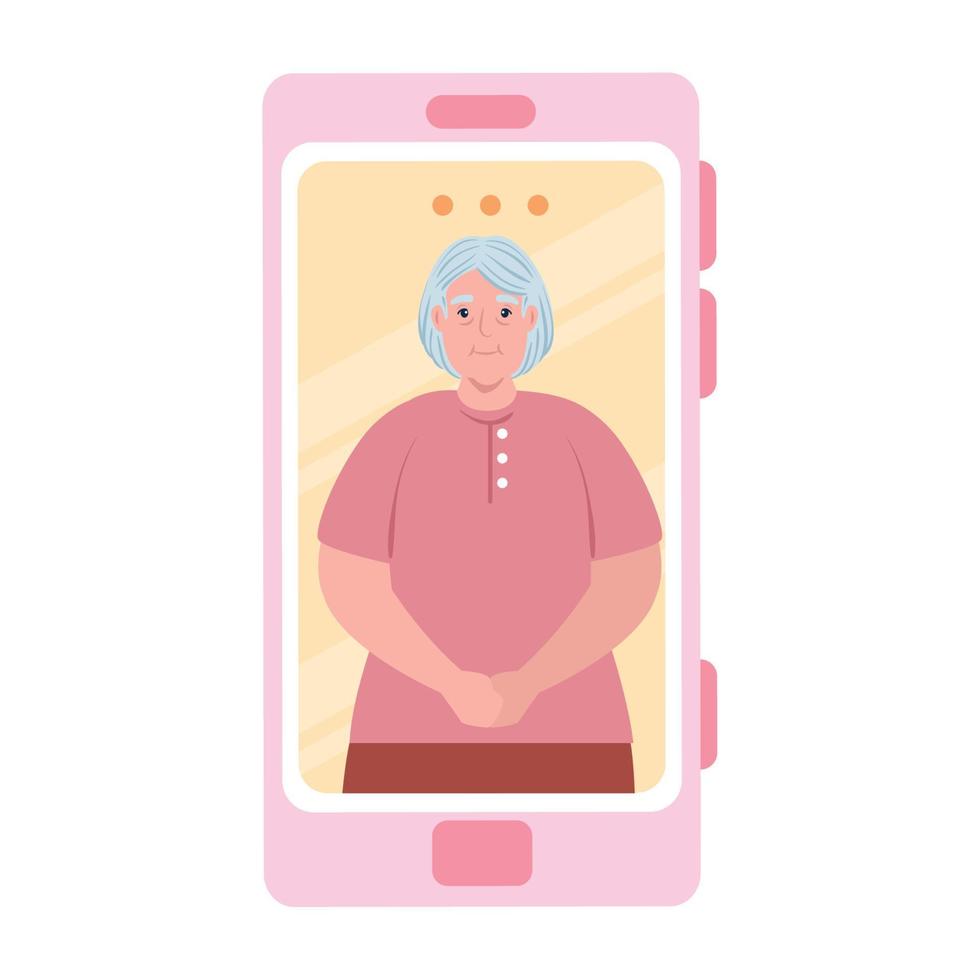 smartphone video call, old woman in conference video call online vector
