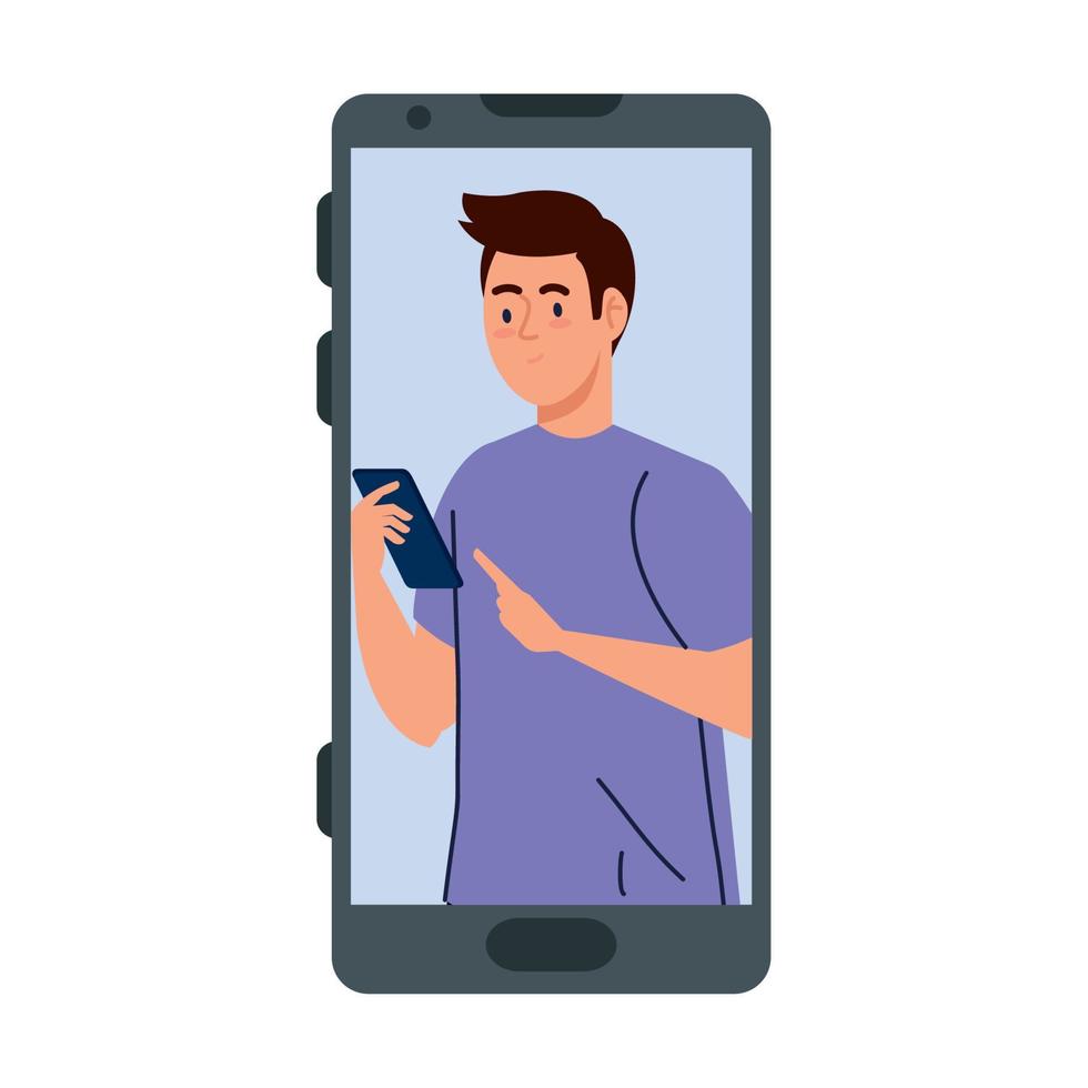 young man in smartphone device, on white background vector