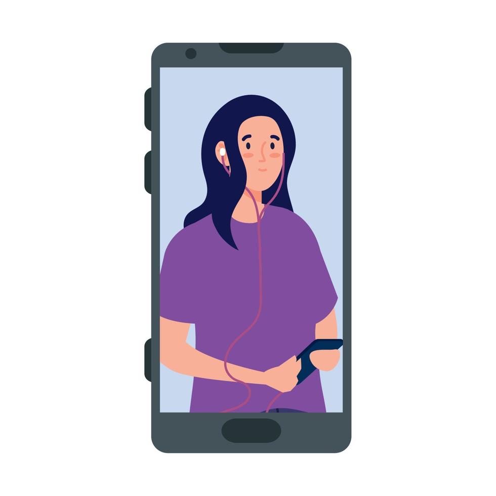 young woman in smartphone device, on white background vector