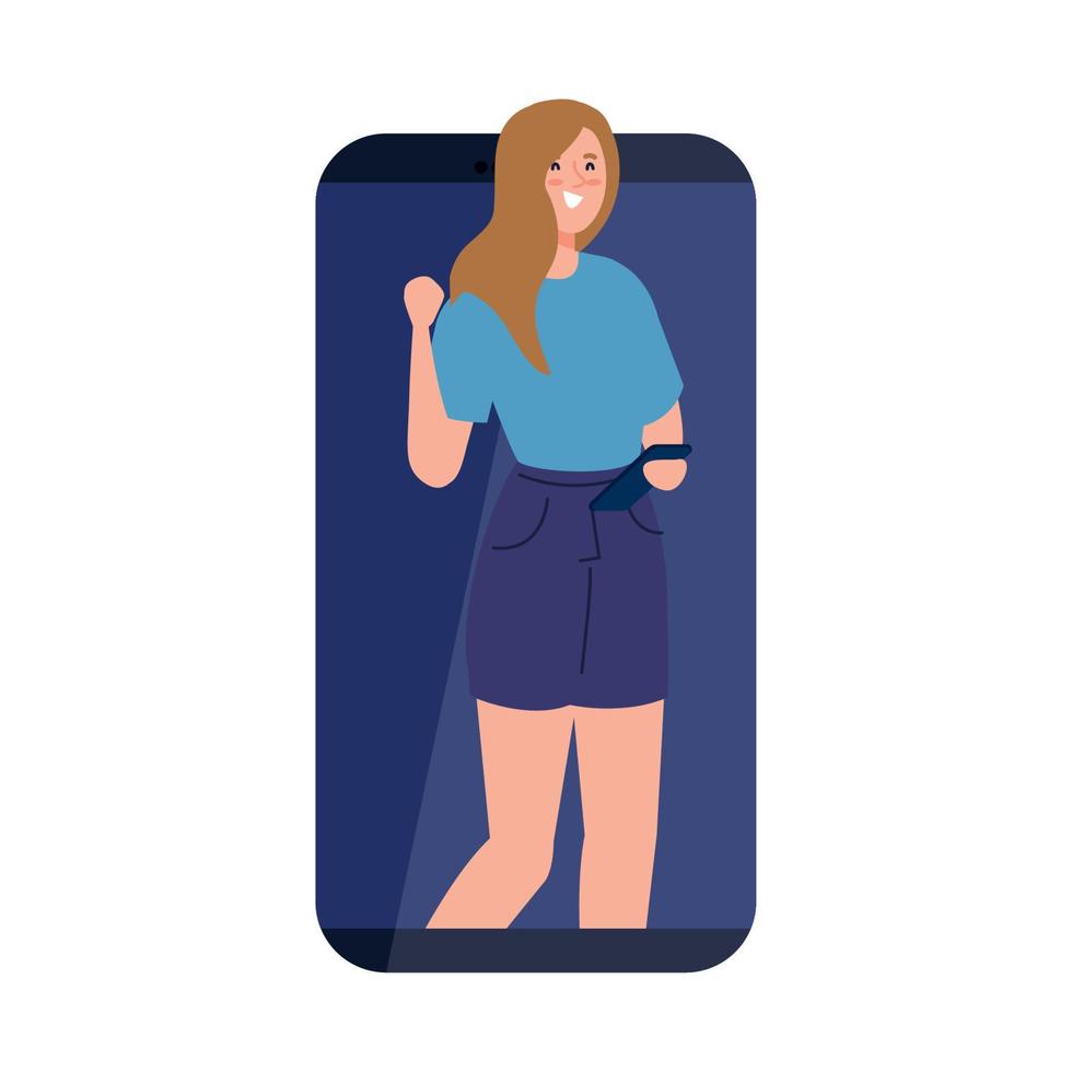 young woman in smartphone device, on white background vector