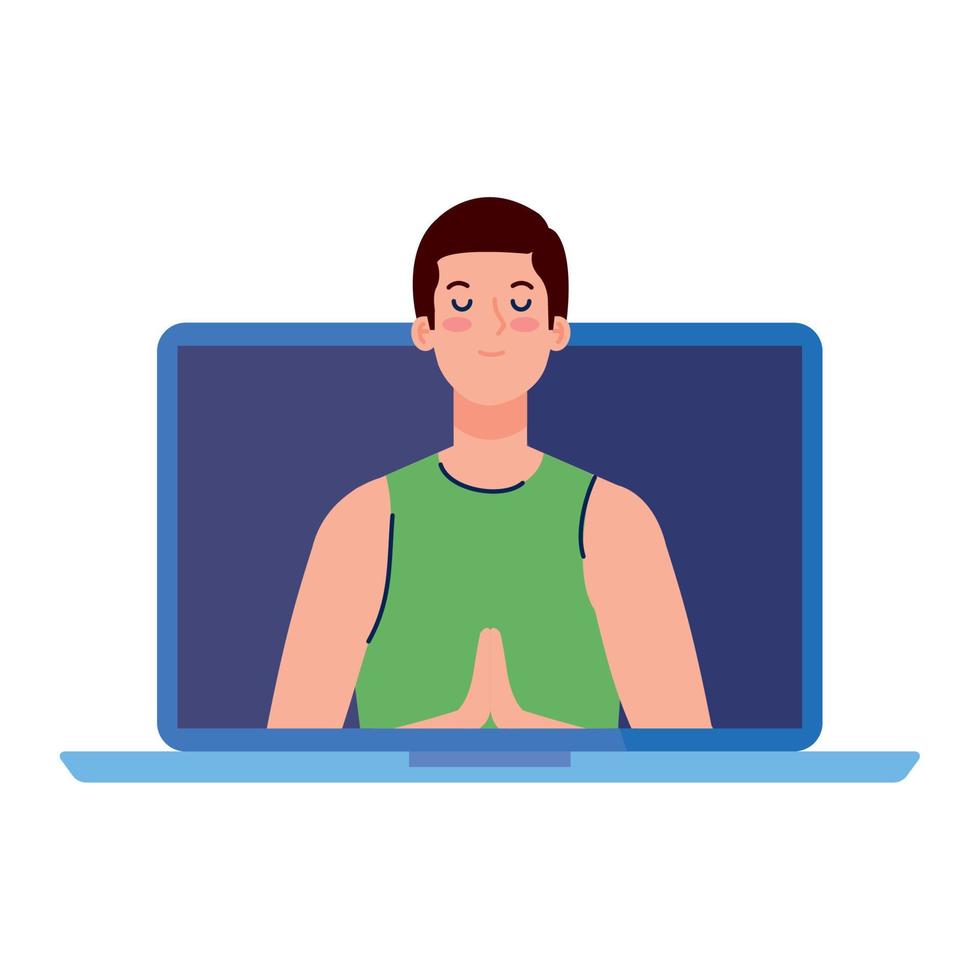 meditation online, meditating man on white background vector