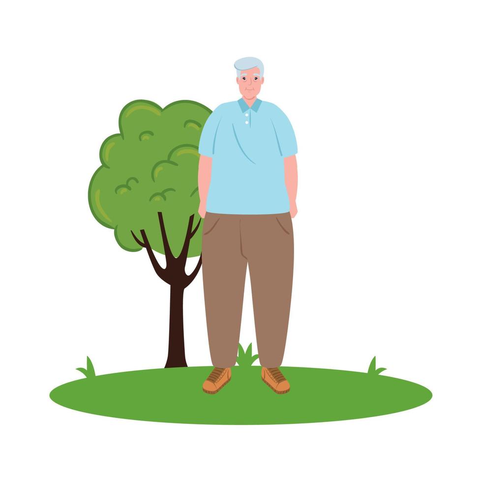 cute old man outdoor, grandfather in the grass on white background vector