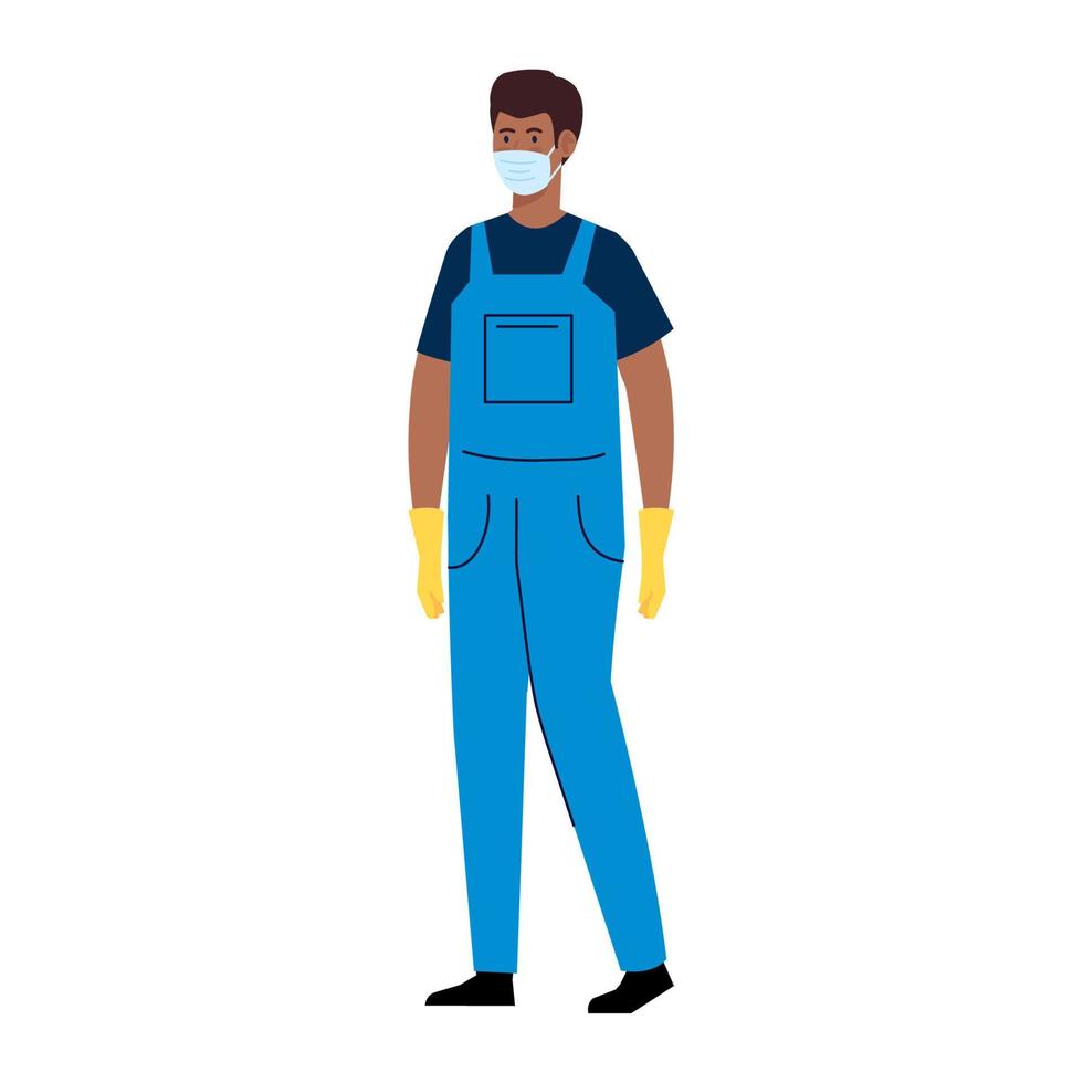 man afro worker of cleaning service wearing medical mask, on white background vector