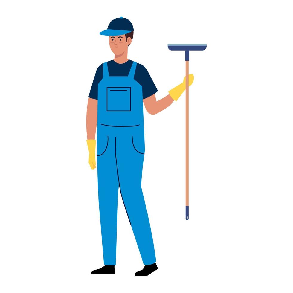 hombre trabajador del servicio de limpieza y limpieza de vidrio con escobilla de goma vector