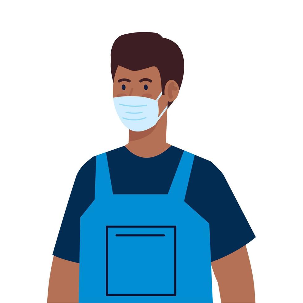 hombre afro trabajador del servicio de limpieza con máscara médica, sobre fondo blanco vector