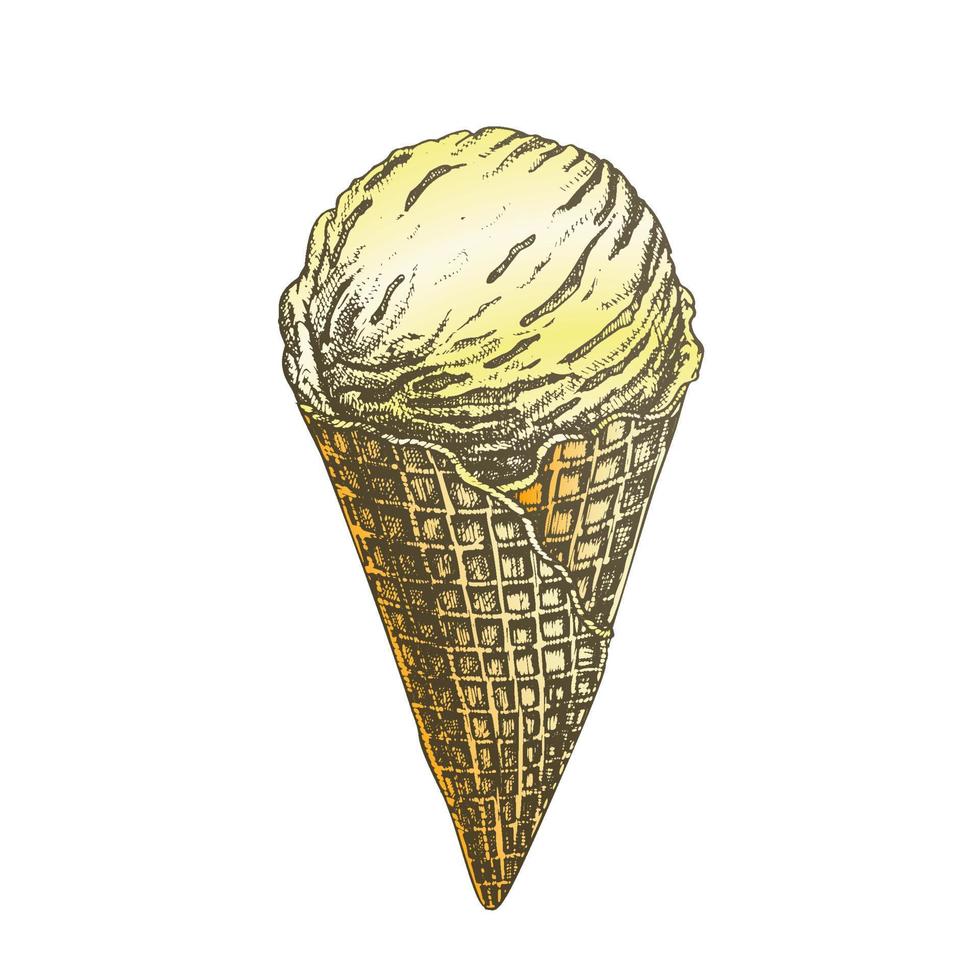 Cuchara de helado de color en cono de waffle dibujado a mano vector