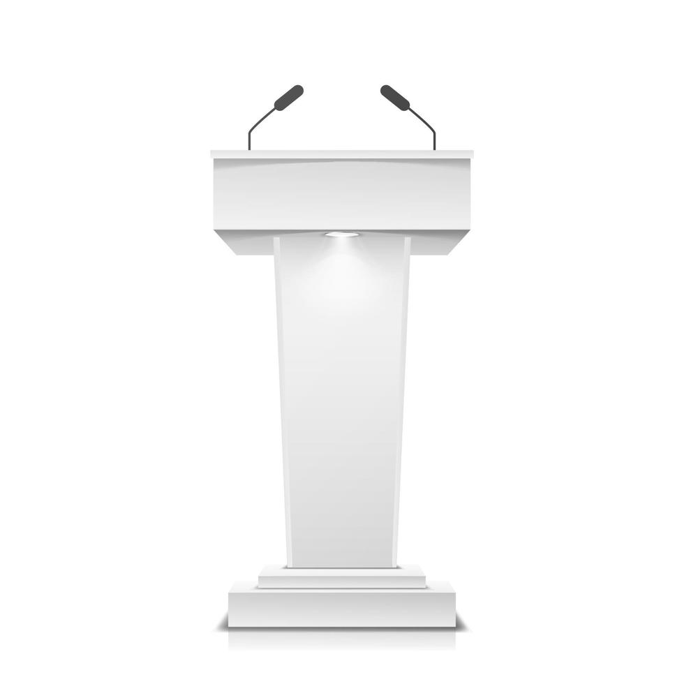 Tribune Isolated Vector. White Clean Podium Tribune Rostrum Stand. With Microphones. Illustration vector