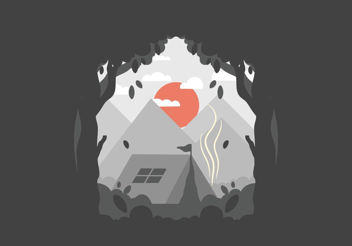 Colorful flat illustration of outdoor camping in the forest with mountain view vector