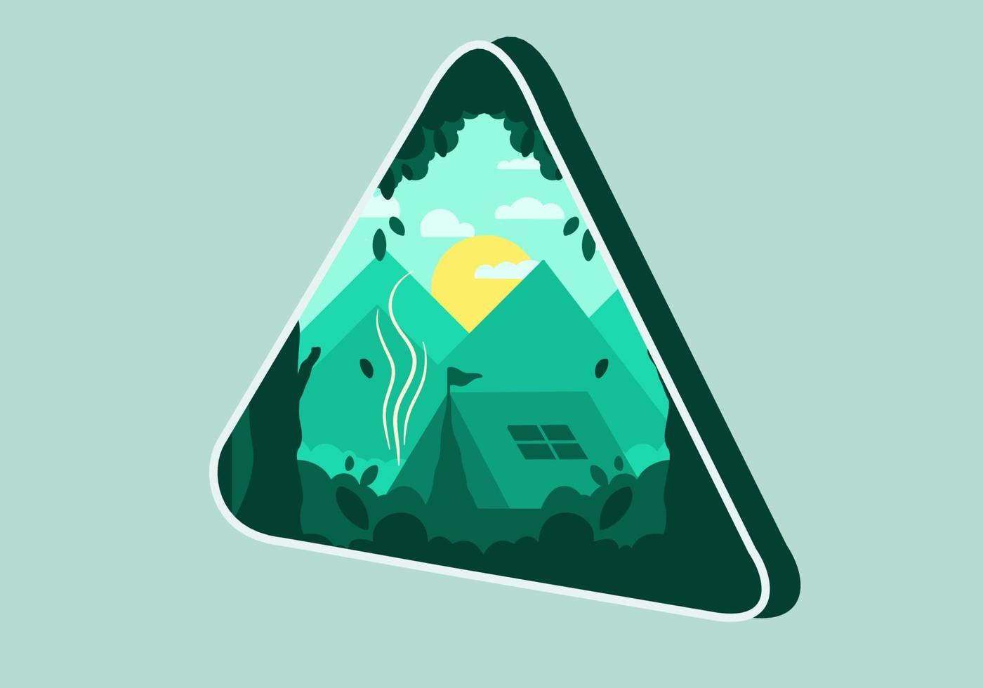 Colorful flat illustration of outdoor camping in the forest with mountain view vector