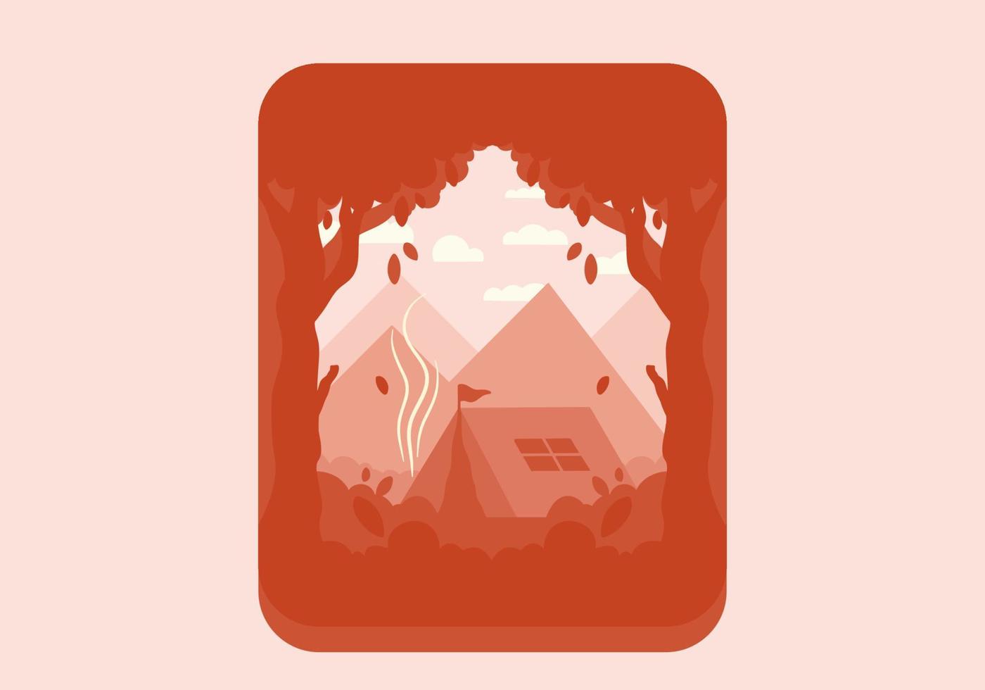 Colorful flat illustration of outdoor camping in the forest with mountain view vector