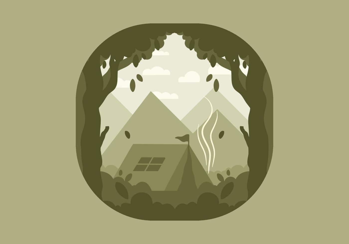 Colorful flat illustration of outdoor camping in the forest with mountain view vector