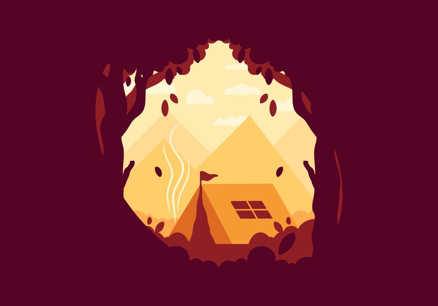 Colorful flat illustration of outdoor camping in the forest with mountain view vector
