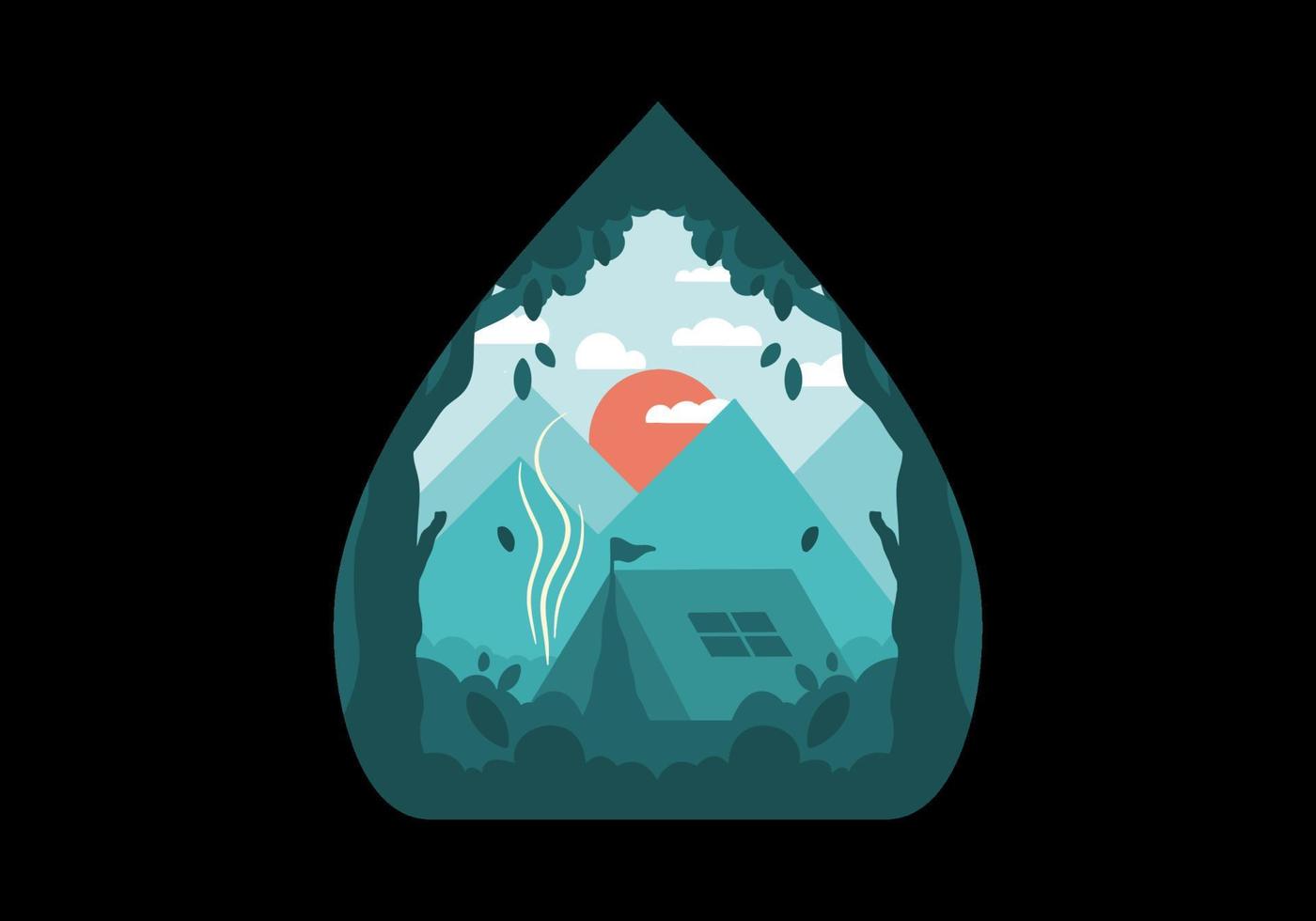 Colorful flat illustration of outdoor camping in the forest with mountain view vector