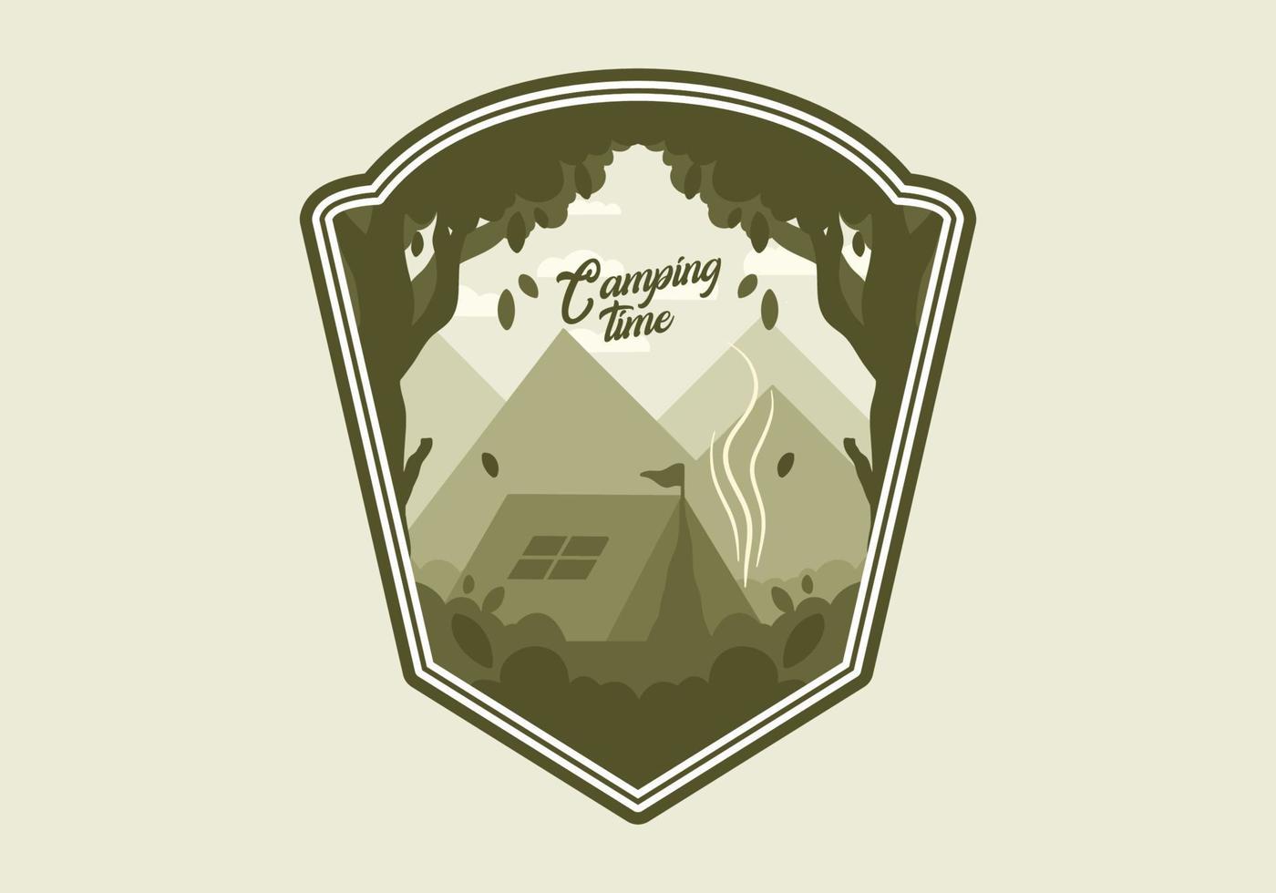 Colorful flat illustration of outdoor camping in the forest with mountain view vector