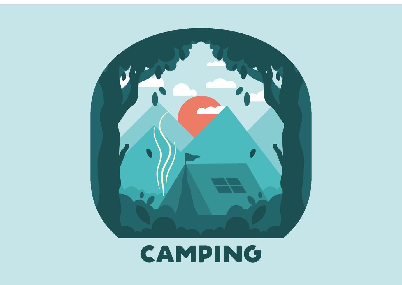 Colorful flat illustration of outdoor camping in the forest with mountain view vector
