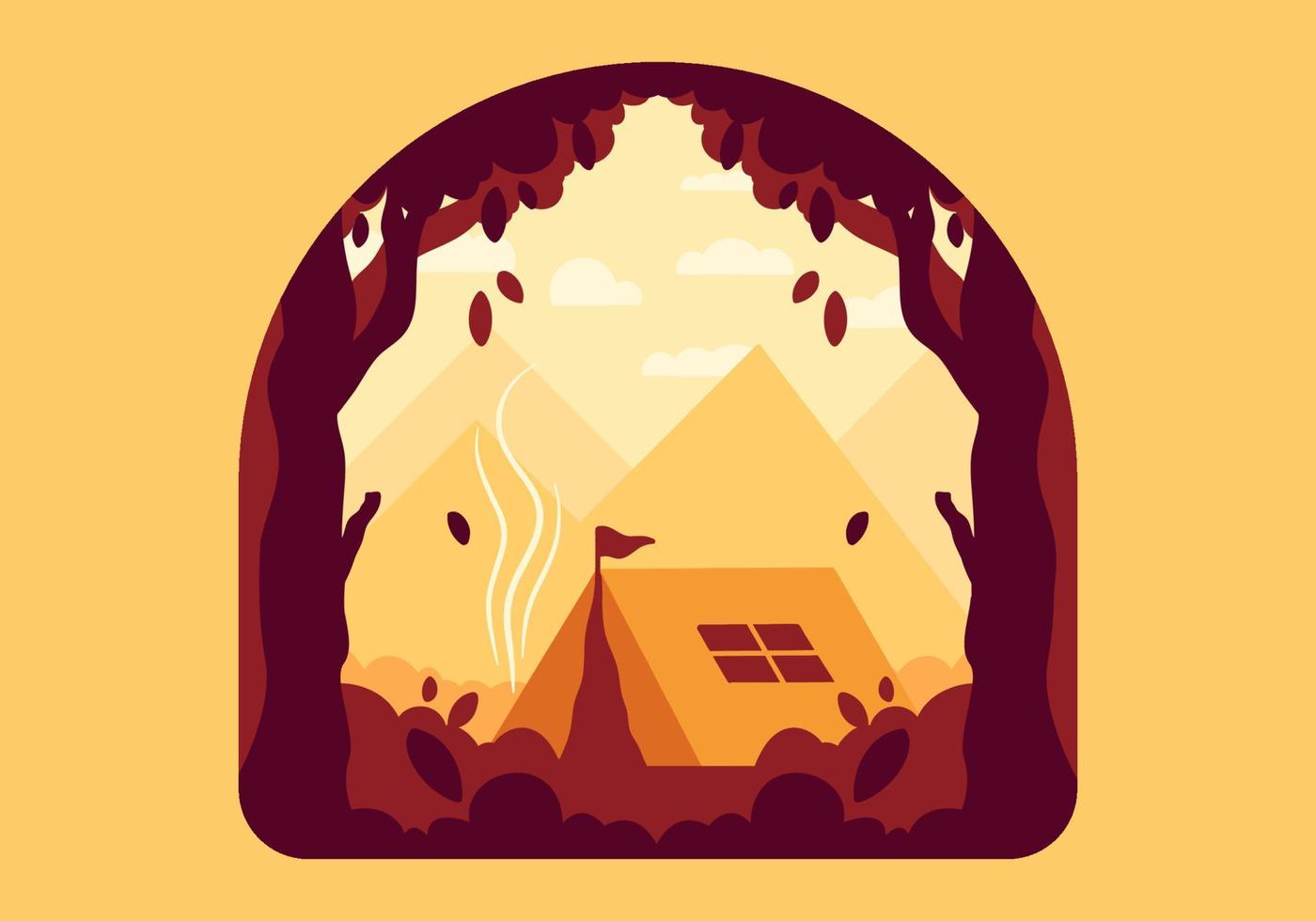 Colorful flat illustration of outdoor camping in the forest with mountain view vector