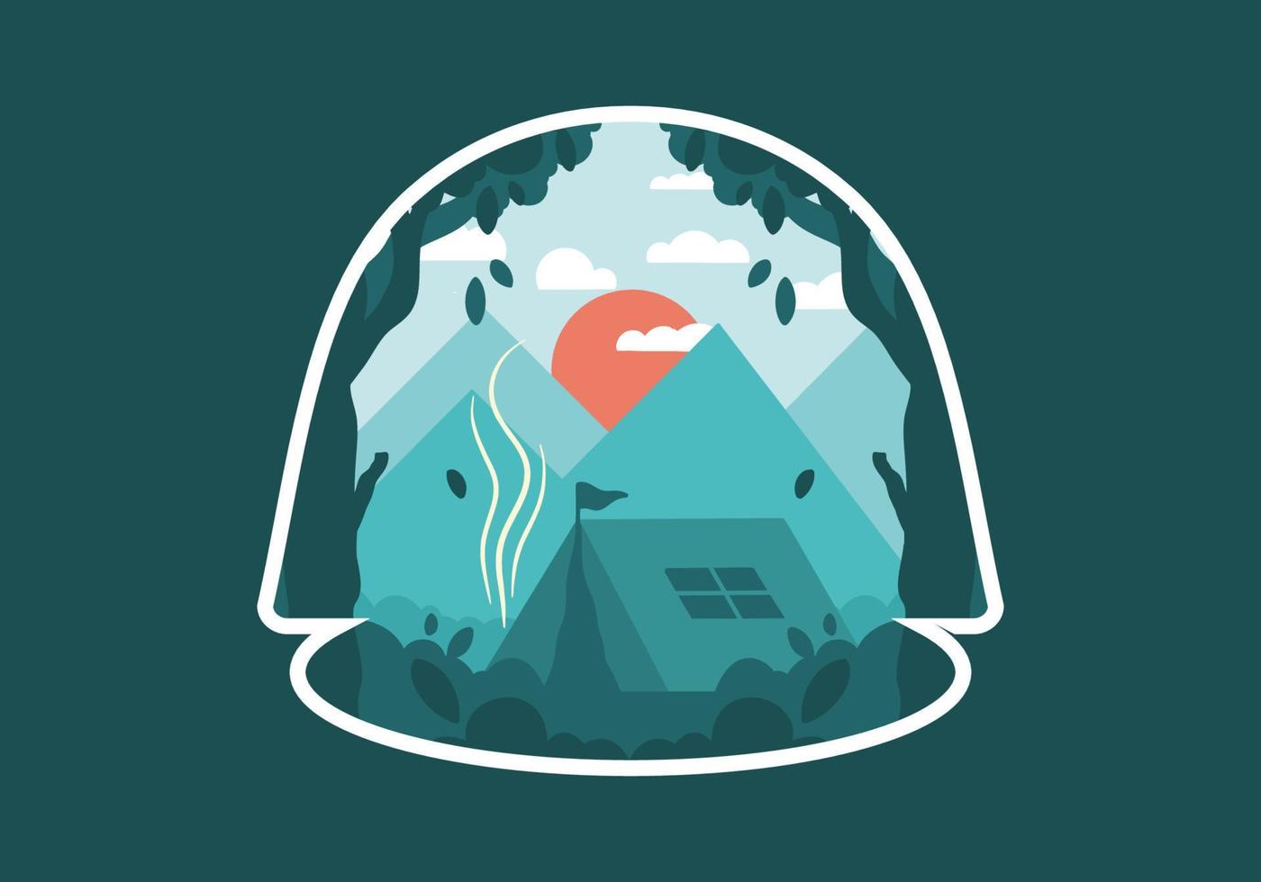 Colorful flat illustration of outdoor camping in the forest with mountain view vector