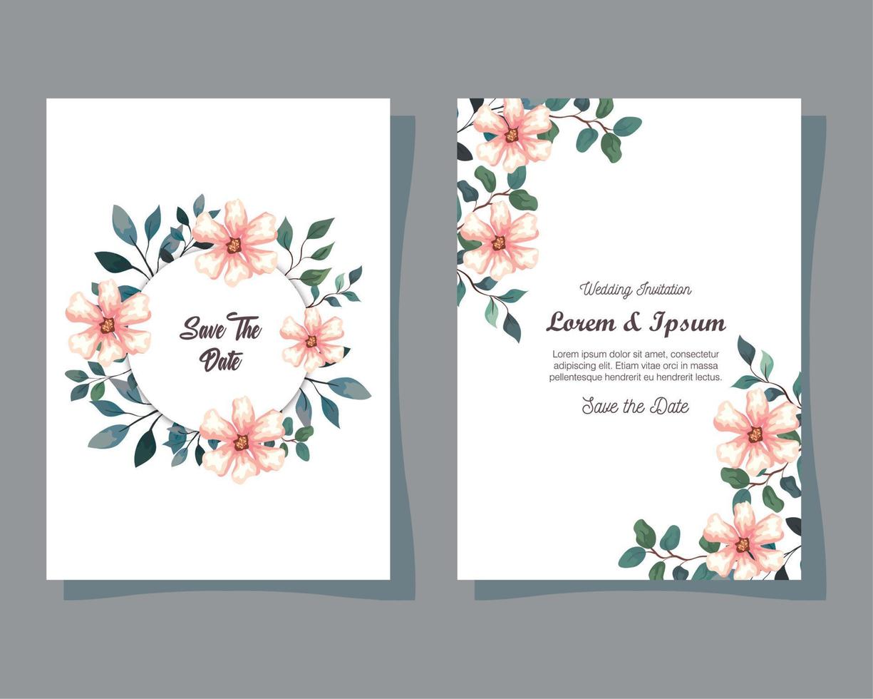 greeting cards with flowers, wedding invitations with flowers with branches and leaves decoration vector