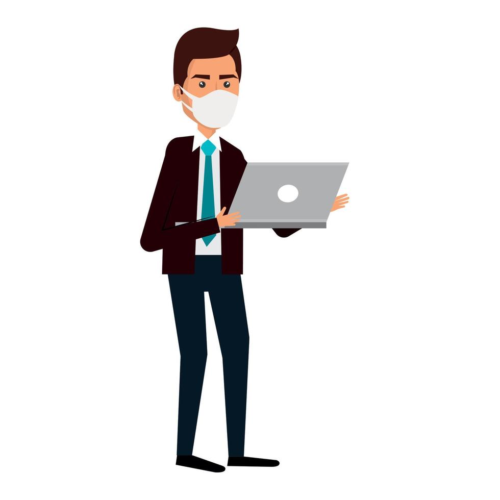 hombre de negocios usando mascarilla con laptop vector